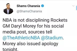 NBA官方并不会因为莫雷言论对他进行处罚